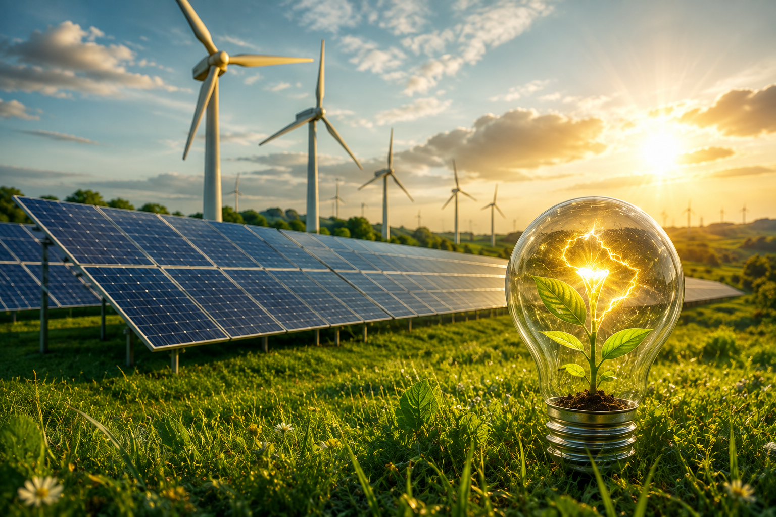 Solar panels and wind turbines beside a bulb holding a seedling
