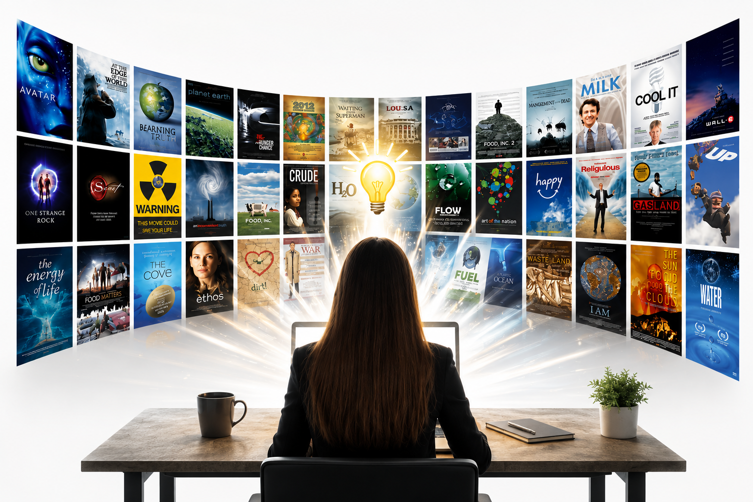 Wall of impact documentary and film posters behind a woman at a desk