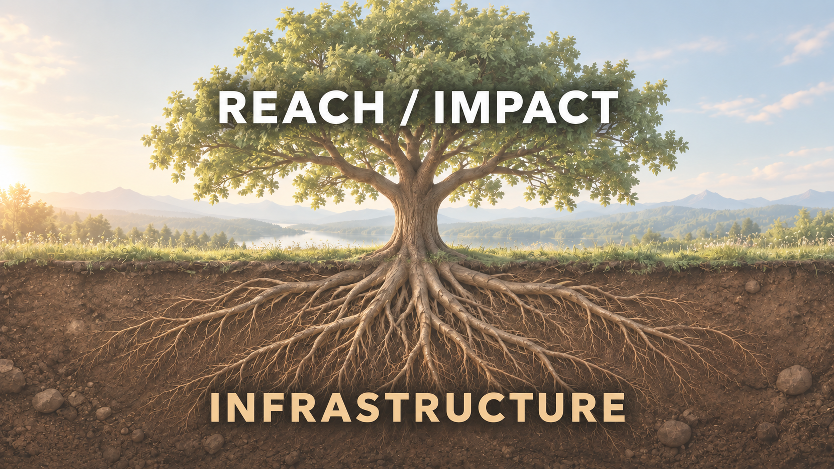 A tree with a wide canopy labeled Reach / Impact above ground and deep roots labeled Infrastructure below