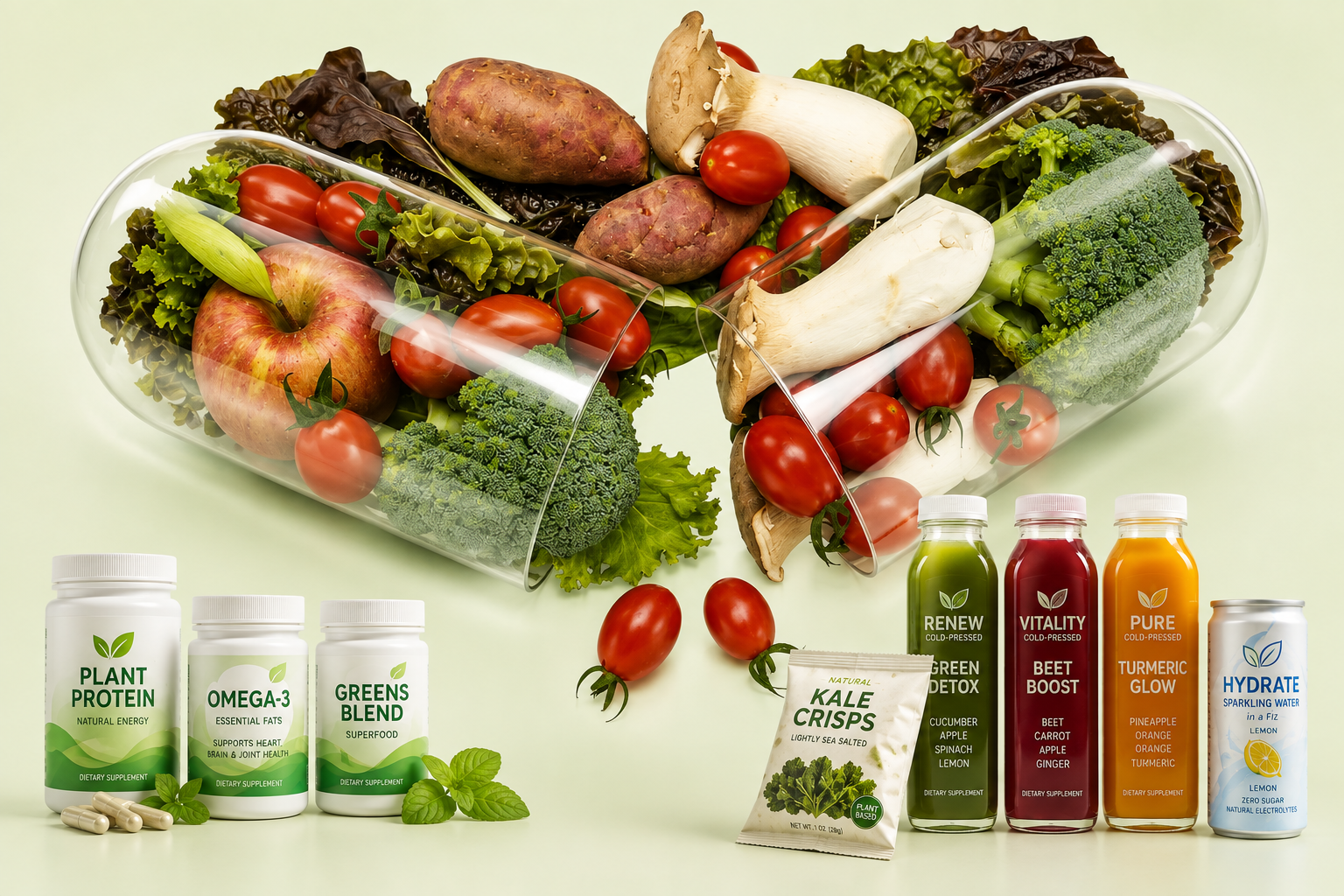 Fresh vegetables and supplements inside a large capsule